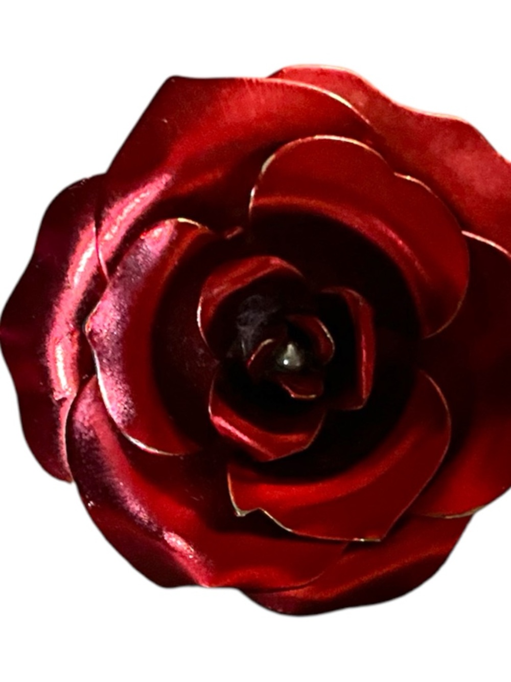 Vintage Red Metal Rose Brooch Pin Floral Statement Dimensional Flower